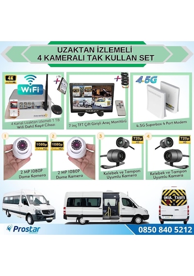 Uzaktan İzlemeli 4 Kameralı Wifi 4g 1 Tb Harddisk 7 İnç Ekranlı