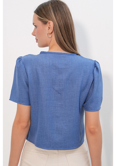 Bigdart Kadın Kısa Kol Crop Bluz 958 - İndigo Indigo