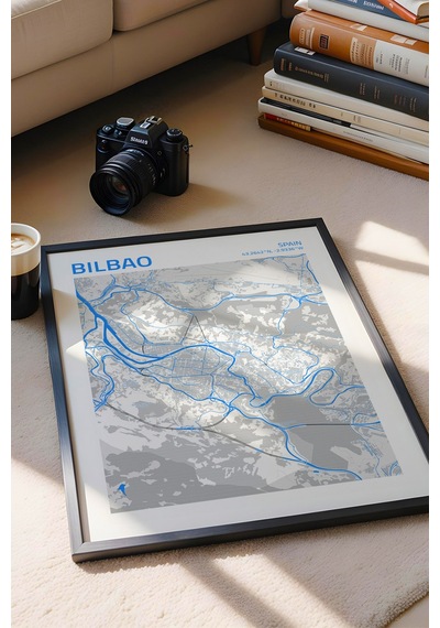 Bilbao İspanya Spain Haritası Çerçeveli Tablo Lüks Salon Ofis Duvar Dekorasyonu Hediyelik Tablo Siyah