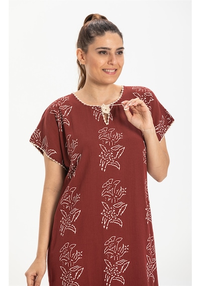 Eliş Şile Bezi Kısa Kol Şile Bezi Baskılı Midi Boy Elbise Zambak Desen Bordo Brd Bordo