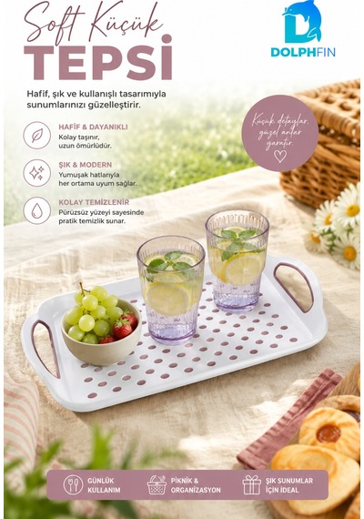 Soft Küçük Boy Kulplu Plastik Servis Tepsisi Nokta Desenli Beyaz Pudra Bpa İçermez Karışık Renk Gönderimi