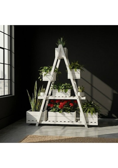 Wooddesign 150x150 Cm Doğal Ahşap A Formlu Çiçeklik Standı - 3 Katlı Büyük Boy Saksılık Beyaz