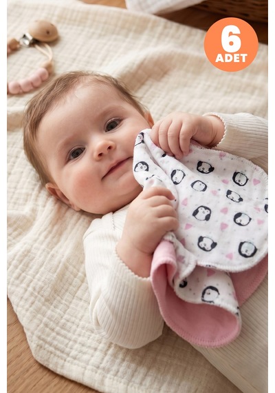 Just Inner Kız Bebek 6'lı Pamuklu Ağız Mendili Penguen Desenli Kutulu Set Nefes Alan Doku 684201 Renkli