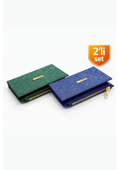 Adelina Bags 2'li Cüzdan Paketi Simli Görünümlü Kadın Cüzdan İnce Kibar Kadın Cüzdanı 2 Adet Mavi Ve Yeşil Mavi - Yeşil