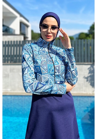 Yarım Fermuarlı Likralı Tam Kapalı Mayo R4506 Üçgen Lacivert