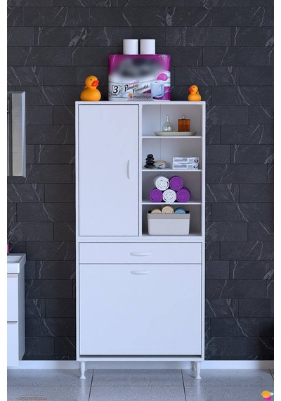 Afra 70 Cm 2 Gözlü Kirli Çamaşır Sepet, 1 Kapak Ve Çekmeceli 8 Raflı Çok Amaçlı Banyo Dolabı Beyaz Afra 70 Cm 2 Gözlü Kirli Çamaşır Sepet, 1 Kapak Ve Çekmeceli 8 Raflı Çok Amaçlı Banyo Dolabı Beyaz