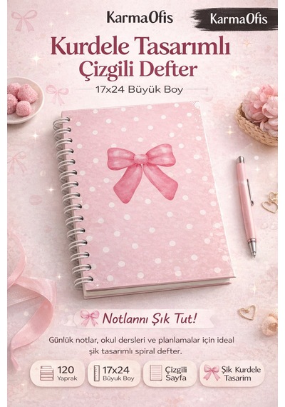 4'lü Spiralli Çizgili Defter Seti 17x24 120 Yp Kurdele, Kiraz Ve Puantiyeli Tasarım