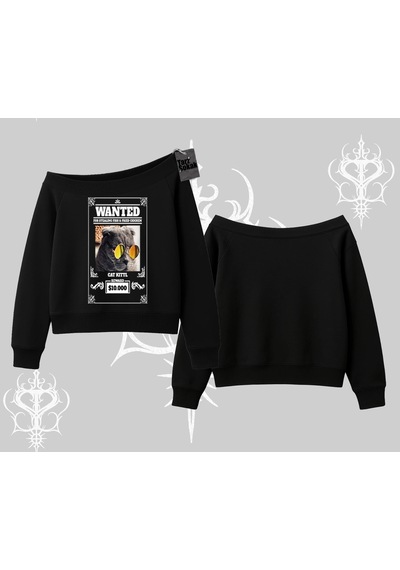 Startmore Wanted Temalı Kedi Baskılı Kayık Yaka Sweatshirt Siyah