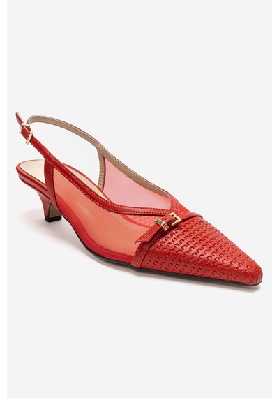 Luvishoes Lavıera Kırmızı File Tokalı Hakiki Deri Kadın Kısa Topuklu Ayakkabı
