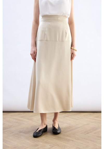 Sateen Yüksek Bel Saten Etek - Taş-136786 Taş