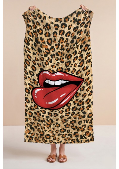 Leopar Dudak Figürlü Plaj Havlusu - Pop Art Modern Kırmızı Bej Havuz Deniz Hızlı Kuruyan Plaj Örtüsü Çok Renkli
