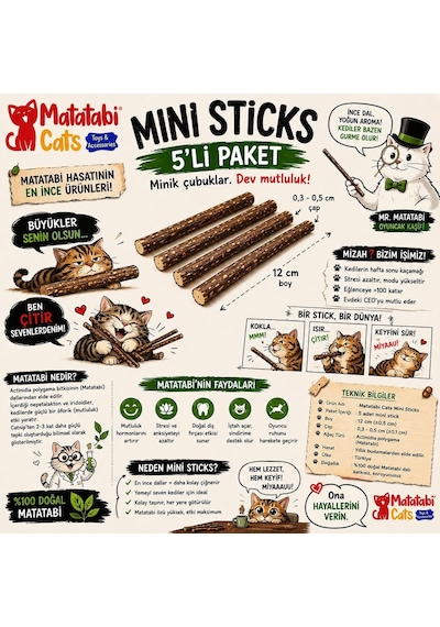 Mini Sticks 5'li Doğal İnce Matatabi Çubuğu Kedi Oyuncağı İnce Çiğneme Çubuğu Kedi Diş Bakımı 12 Cm