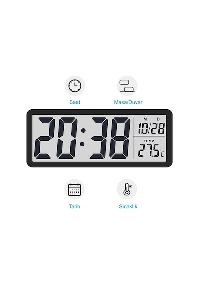 Modern Lcd Dijital Duvar Saati 20x8 Cm Usb Ve Pilli Zaman, Tarih, Sıcaklık Siyah