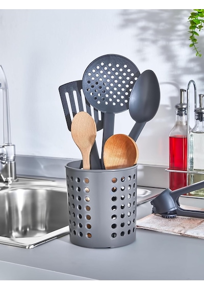 Plastik Silindir Dik Kaşıklık & Tezgah Üstü Düzenleyici & Servis Standı Antrasit Açık Ahşap