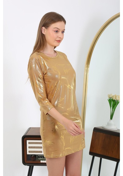 Modi Moda Çizgi Kadın Micro Kumaş Mini Parlak Elbise 7420 Sarı