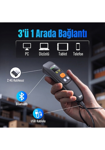 Tera 1600 Kablosuz 1d 2d Qr Barkod Okuyucu Ergonomik El Tipi 3in1 Bluetooth, 2.4g Kablosuz, Usb Süper Kod Çözme Cmos Sensörlü Tarayıcı