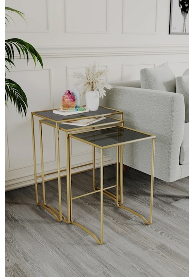 Retro 3 Lü Zigon Füme Camlı Gold Sehpa, Metal Sehpa, Salon, Yatak Odası, Antre Altın