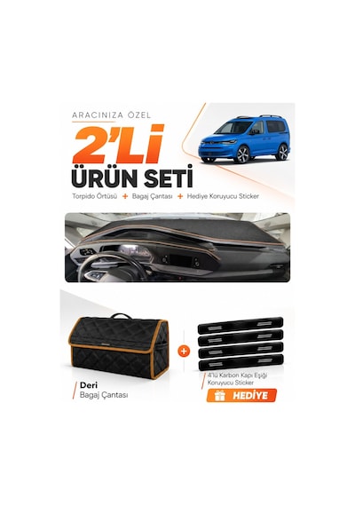 Volkswagen Caddy 2022-2026 Uyumlu Torpido Örtüsü + Deri Bagaj Çantası + Sticker - Siyah Kahverengi