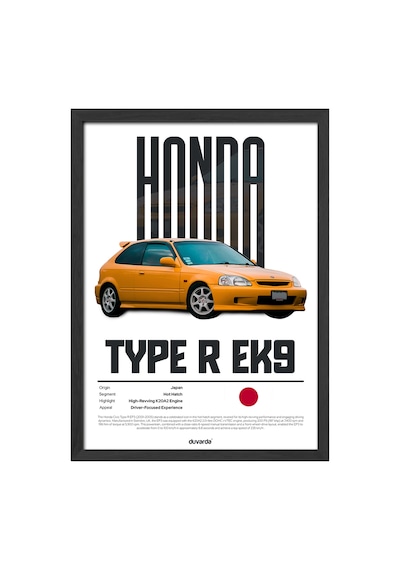 Honda Type R Ek9 Araba Siyah Ahşap Çerçeveli Poster, Dekoratif Duvar Tablosu