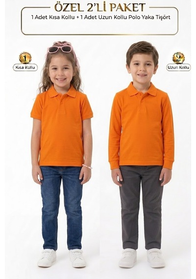Nacar Store Unisex Çocuk Uzun Ve Kısa Kollu Polo Yaka Okul Tişörtü 2'li Set Turuncu