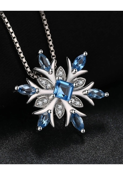 Brezza Lusso Jewelry  Aquamarin Taşlı Özel Tasarım Kar Tanesi Kadın Gümüş Kolye 45 CM 45 CM