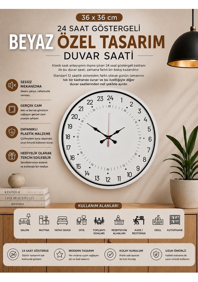 36 Cm Beyaz 24 Saat Göstergeli Özel Tasarım Duvar Saati 24 Saat Göstergeli Özel Tasarım
