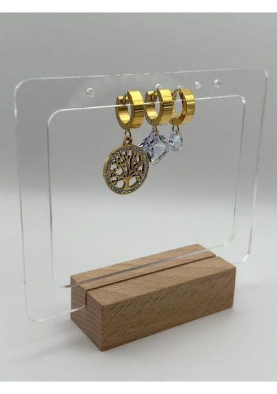 Arnes Jewelry Çelik Yaşam Ağaçlı Zirkon Taşlı Set Küpe Ar457nes Gold