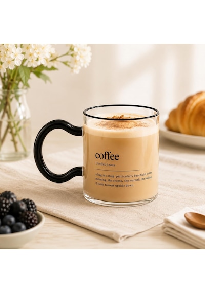 Coffee Yazılı Cam Kupa, Siyah Kulplu Şeffaf Kahve Bardağı, Çay Latte Ve Sıcak Soğuk İçecekler İçin Modern Cam Bardak 6998
