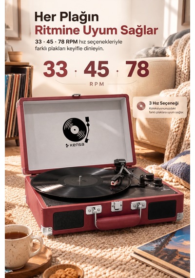 Kensa Bluetooth Lu Nostaljik Çantalı Pikap 33/45/78 Devir Dahili Bataryalı Plak Çalar Bordo