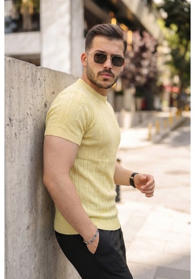 Veraura Lifestyle Erkek Örgü Desen Bisiklet Yaka Triko Tişört - %100 Pamuk Akrilik Açık Sarı
