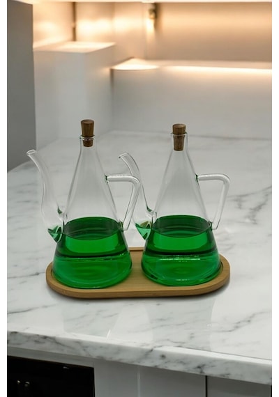 Qerhome Borosilikat Cam Bambu Standlı 2'li Glazzy Yağlık Set 500 Ml+500 Ml Şeffaf