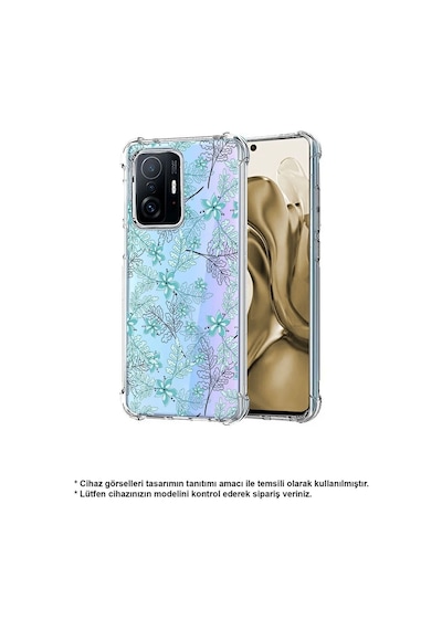 Vivo Y16 Uyumlu Köşe Korumalı Floral Su Yeşili Tasarımlı Şeffaf Silikon Kılıf