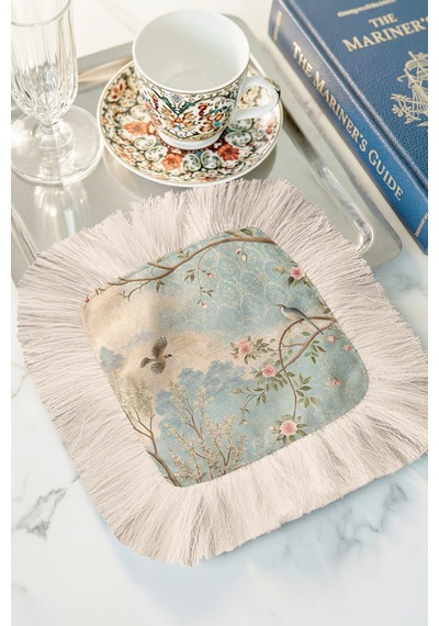Lüks Kuşlu Çiçekli Püsküllü Sunum Peçetesi-pastoral Vintage Mavi Pembe Krem Bardak Altlığı Mendil Çok Renkli
