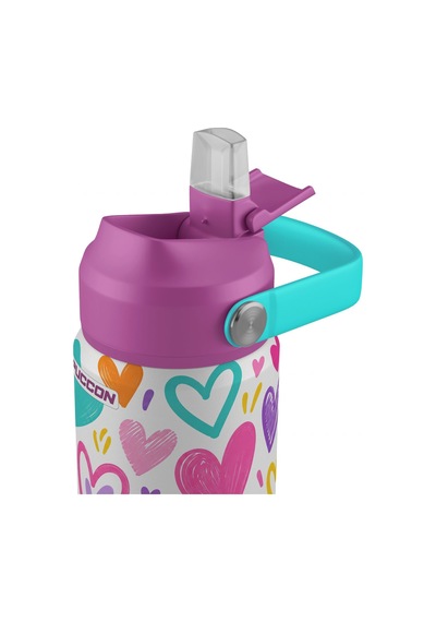 Puccon 540 Ml Renkli Kalpler Desenli Beyaz - Mor Kız Çocuk Pipetli Çelik Termos Matara/suluk - 60063