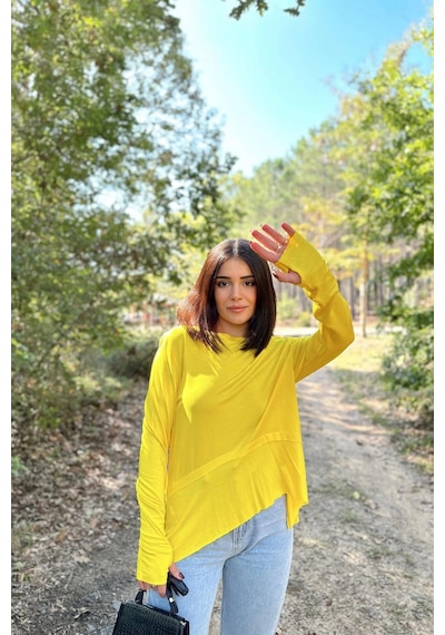 WeShaya Kadın Sarı Elleri Eldiven Detaylı, Asimetrik Kesim, Bisiklet Yaka, Eteği Pliseli, Salaş Spor Bluz Sari WeShaya Kadın Sarı Elleri Eldiven Detaylı, Asimetrik Kesim, Bisiklet Yaka, Eteği Pliseli, Salaş Spor Bluz Sari
