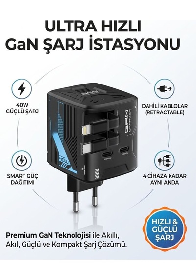 40w Gan Hızlı Şarj Adaptörü Dahili Lightning Ve Type-c Kablolu Şarj Başlığı 2xusb-c Pd40w Şarj Aleti
