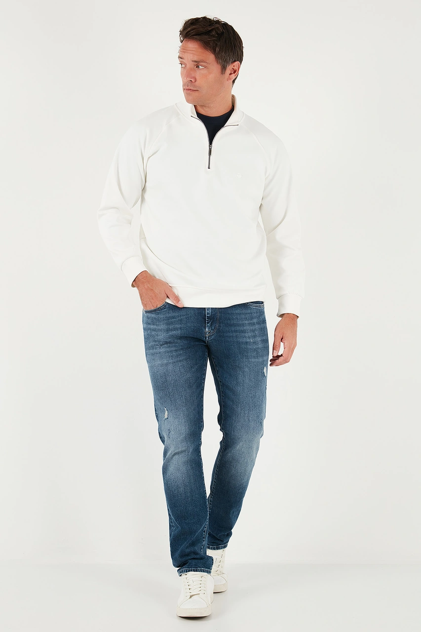 Buratti Pamuklu Relaxed Fit Yarım Fermuarlı Dik Yaka Erkek Sweat 5901232 Ekru