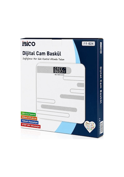 Dijital - Pilli Renkli Cam Banyo Baskül Terazi Tartı Lcd Ekran 180kg/50gr 26x26cm İ11-024 5468