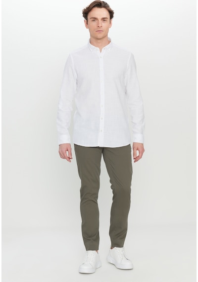 AC&Co / Altınyıldız Classics  Erkek Beyaz %100 Pamuk Flamlı Slim Fit Dar Kesim Düğmeli Yaka Armürlü Gömlek Beyaz