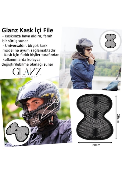 Glanz Kask İçi Ped, Nefes Alabilir File Cırtlı İç Astar, Yıkanabilir Tekrar Kullanıma Uygun Ped Siyah