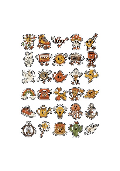 30 Adet Retro 70'ler Nostaljik Maskot Sticker Seti - Laptop Telefon Defter İçin Çok Renkli