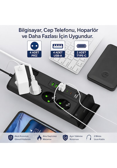 4'lü Akım Korumalı Masaüstü Priz 4 Usb-a + 2 Type-c Hızlı Şarj Kablosuz Şarj Standlı 2 Metre Kablolu Çoklu Priz 0 - 2 M