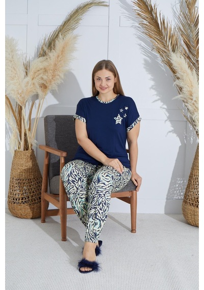 Sevim Kadın Büyük Beden Kısa Kol Lacivert Pijama Takım C3t4n851 001