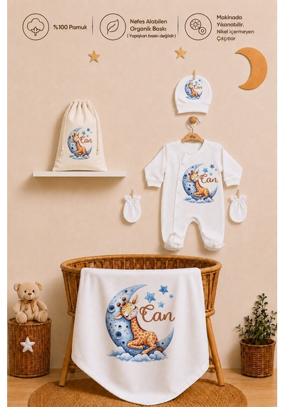 Pia Baby İsme Özel Erkek Bebek %100 Pamuk Hastane Çıkışı Tulum Şapka Eldiven Kıyafet Keseli Hediye Seti 1038tybk0x Krem