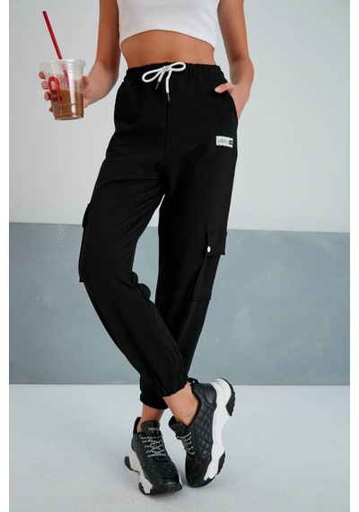 Winmoda34 Jogger Geniş Kemer Paça Lastikli Kargo Cepli Eşofman Altı Siyah