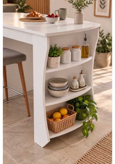 Sulorahome Mutfak Adası Ve Kahvaltı Masası Raflı Beyaz Masa 120x60 Cm