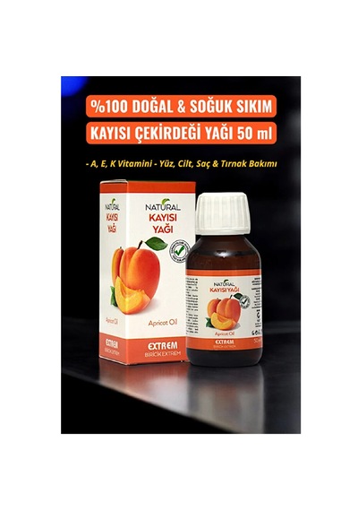 Extrem Natural Soğuk Sıkım Kayısı Çekirdeği Yağı 50 Ml - A, E, K Vitamini - Yüz, Cilt, Saç & Tırnak Bakımı 50 ML