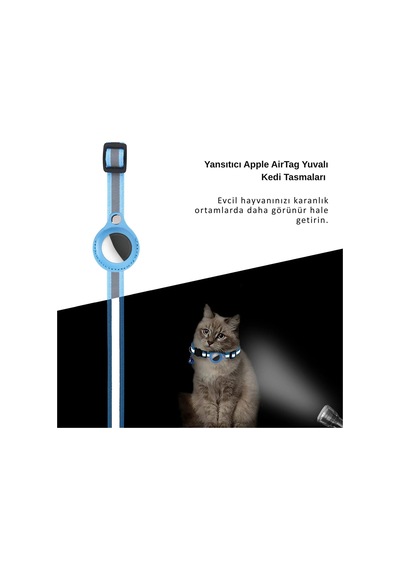 Etashop Airtag Uyumlu Reflektif Kedi Tasması Zilli Ayarlanabilir Kedi Boyun Tasması 22-32 Cm Mavi