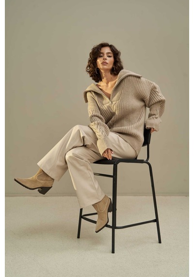 Mai Collection Mai Studios Co. Rika Vizon Saç Örgü Fermuarlı Triko Kazak Vizon