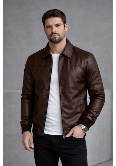 Baselco Basic Slim Fit Polo Yaka Süet Ceket Kahverengi Deri